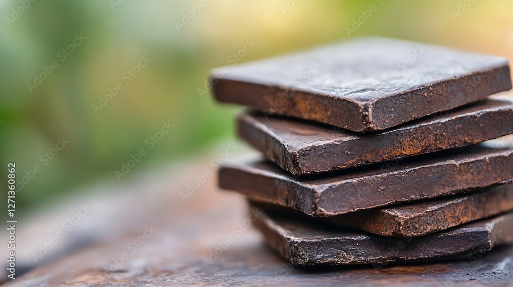 Poster close up of stacked dark chocolate blocks on a wooden surface : generative ai