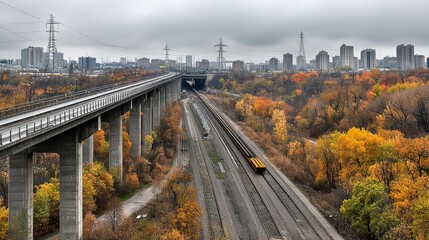 Fototapeta premium Elevated Railway and Train Tracks Through Autumnal Cityscape