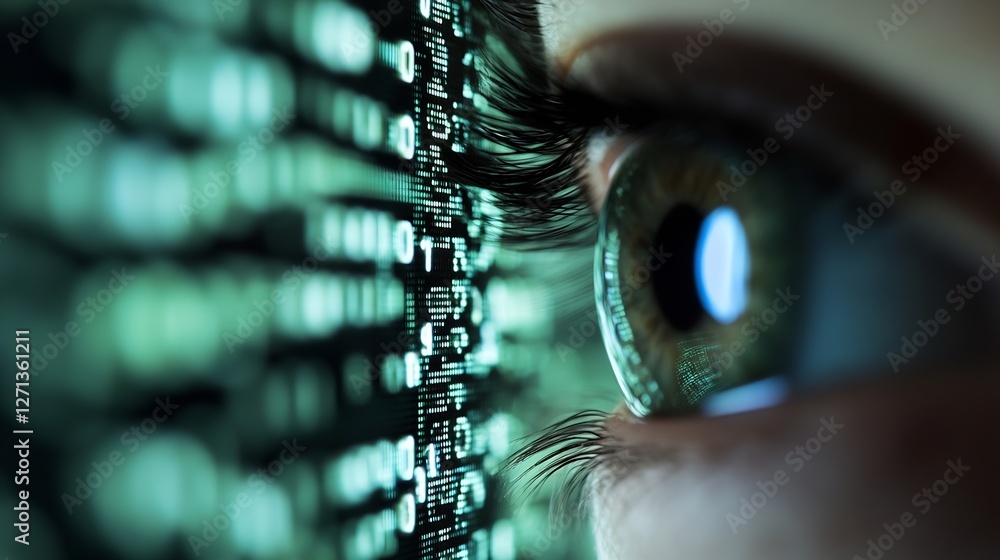 Poster closeup of human eye reflecting matrix code in a hightech environment : generative ai