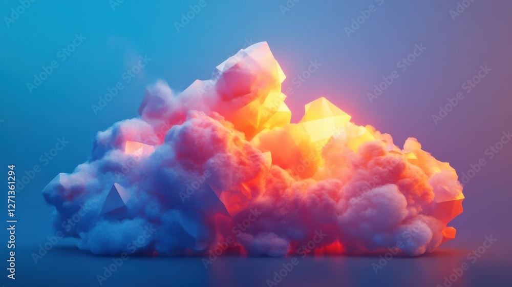 Poster creative glowing polygonal cloud on blue background. cloud computing and data concept. 3d rendering.