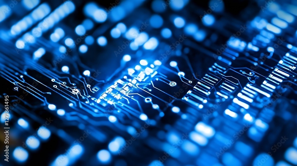 Poster close up of a vibrant blue circuit board showcasing modern technology and intricate connections : ge