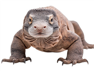 Obraz premium A powerful Komodo dragon is captured in a close-up shot, showcasing its textured scales, sharp claws, and piercing eyes against a black background.