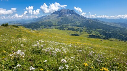 Fototapeta premium Wildflowers bloom in a green alpine meadow with a mountain peak under a blue sky.