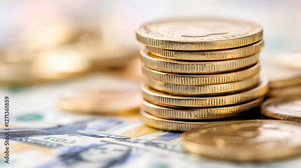 Aufkleber close up of stacked golden coins with blurred background of hundred dollar bills for financial conce
