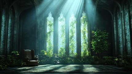 Overgrown Gothic Cathedral Ruins Interior with Light Rays