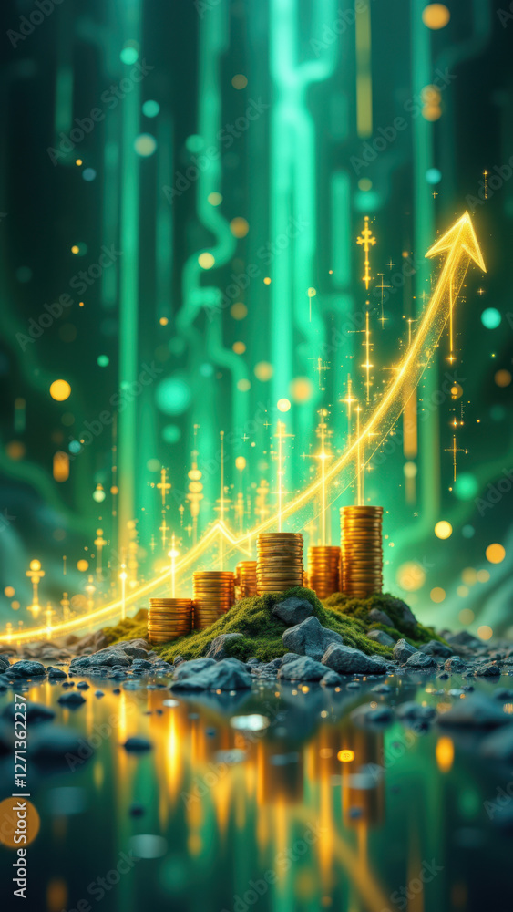 Poster a captivating visual metaphor for financial success with rising coins and sparkling growth indicator