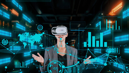 Woman reporter presenting news world market data rotating graph analysis VR future global innovation business interface digital infographic network technology virtual hologram at server. Contraption.