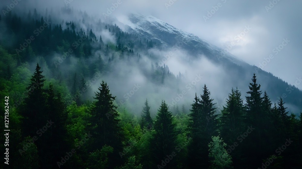 Aufkleber misty mountain range view enveloped in dense forest creates an ethereal landscape filled with myster