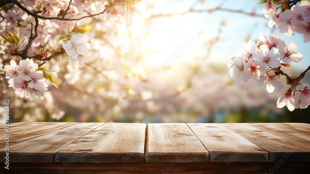 Aufkleber spring background with wooden table. natural template for product display with cherry blossoms bokeh