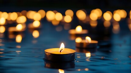 Illuminated tea light candles floating on water creating a serene and calming atmosphere at dusk : Generative AI