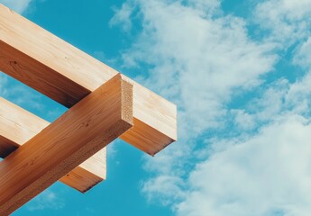 Wooden beams against a blue sky with scattered clouds