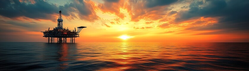 Obraz premium Sunset backdrop with oil rig silhouette, dramatic sky with golden and orange hues, calm ocean waters, offshore oil platform in the distance, highdefinition digital painting