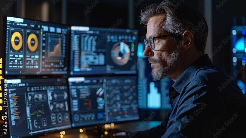 Poster Focused individual is reviewing intricate data visualizations on several screens in a contemporary workspace, highlighting the importance of digital analytics.