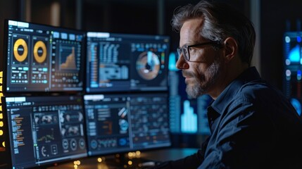 Focused individual is reviewing intricate data visualizations on several screens in a contemporary workspace, highlighting the importance of digital analytics.