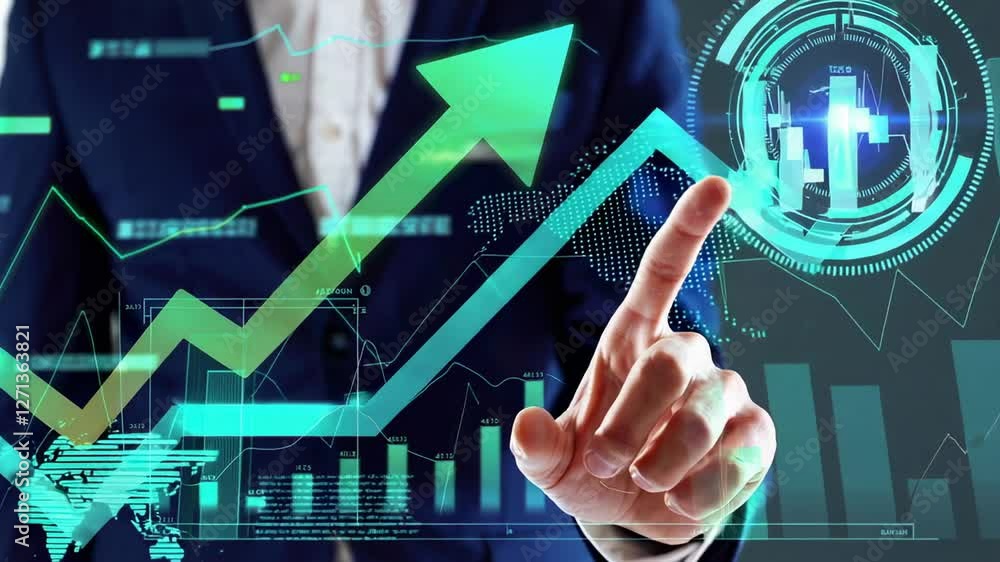 Poster Sophisticated businessman analyzing financial data through interactive holographic charts, visualizing growth strategies in cutting edge slow motion digital presentation
