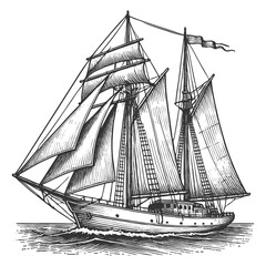 majestic yacht sailing ship with large sails, cruising on the ocean waves, drawn in an engraved, woodcut style sketch engraving generative ai raster illustration. Scratch board. Black and white image.