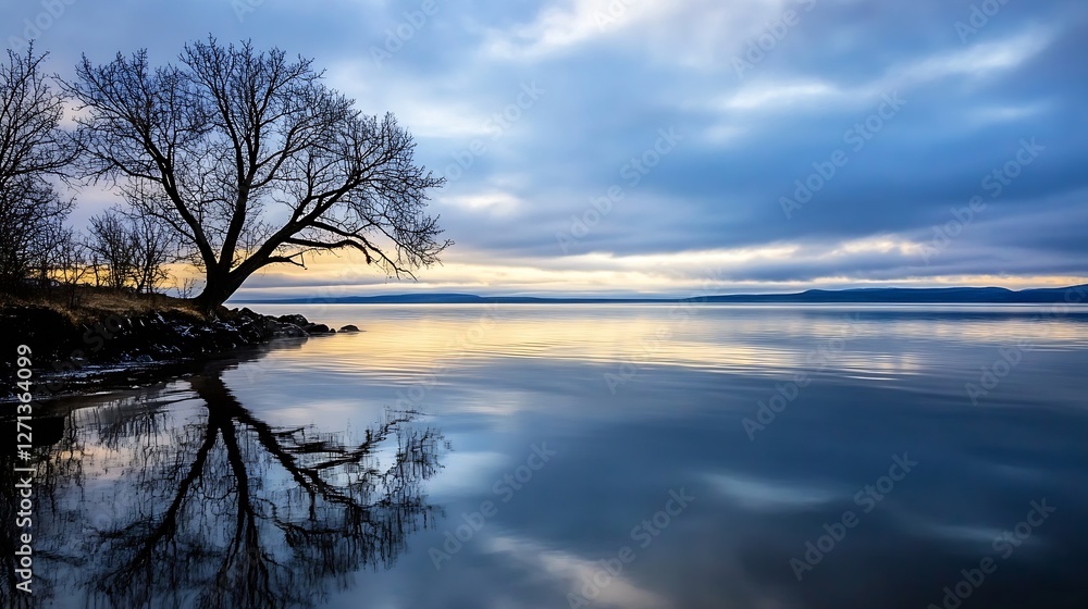 Poster Reflection of bare tree on tranquil water surface during a serene dusk evening : Generative AI