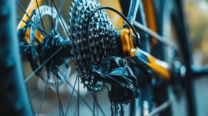 Close-up of the rear wheel and sprockets on an unbranded modern mountain bike with yellow details, white background