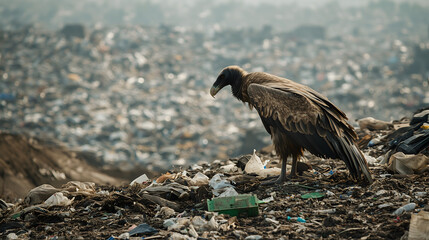 Vulture scavenging in vast landfill amid mountains of waste and debris. Image captures environmental devastation and waste crisis, with misty urban sprawl in background highlighting human impact.