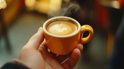 A steaming cup of latte is held gently, displaying a delicate leaf pattern in its frothy surface, inviting warmth and comfort in its intimate presentation.