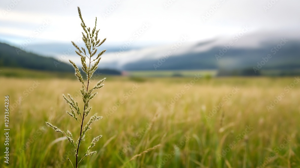 Leinwandbilder lone grass blade rising above expansive field with misty mountains in the background : generative ai