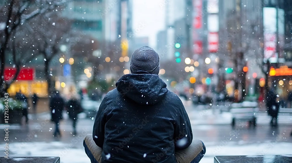 Poster Man sitting in urban setting while snow falls gently creating a winter wonderland atmosphere : Generative AI