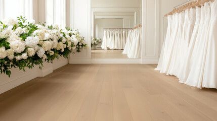 Elegant bridal boutique with white dresses and floral arrangements