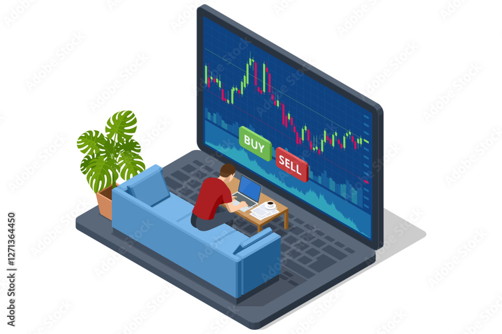 Poster an isometric vector illustration of a trader working from home, sitting on a couch, using a laptop, 