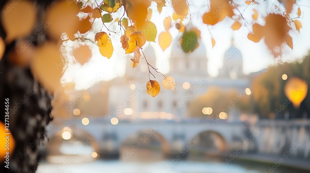 Poster stunning autumn leaves in focus with a blurred cityscape background creating a picturesque scenery :