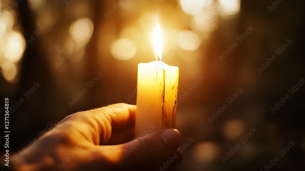 Poster Illuminated candle held in a hand creating a warm and inviting atmosphere in a blurred background : Generative AI