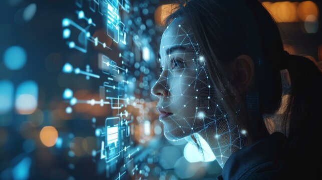 A woman looks thoughtfully at illuminated data visualizations projected beside her in an urban setting, showcasing advanced technology and innovation, with a city background.