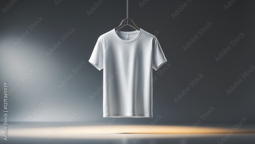 Poster white t-shirt displayed on a hanger in a minimalist studio setting with soft lighting and a dark bac