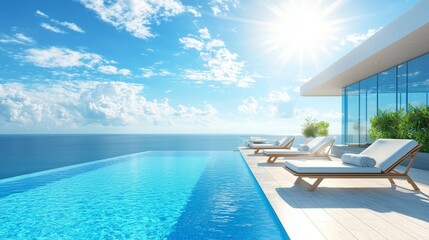Fototapeta premium Pool Deck on a Luxury Cruise Ship with Relaxing Sunbeds