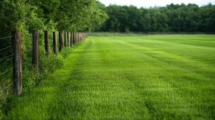 Vibrant green pasture landscape with wooden fence and lush grass under bright skies : Generative AI