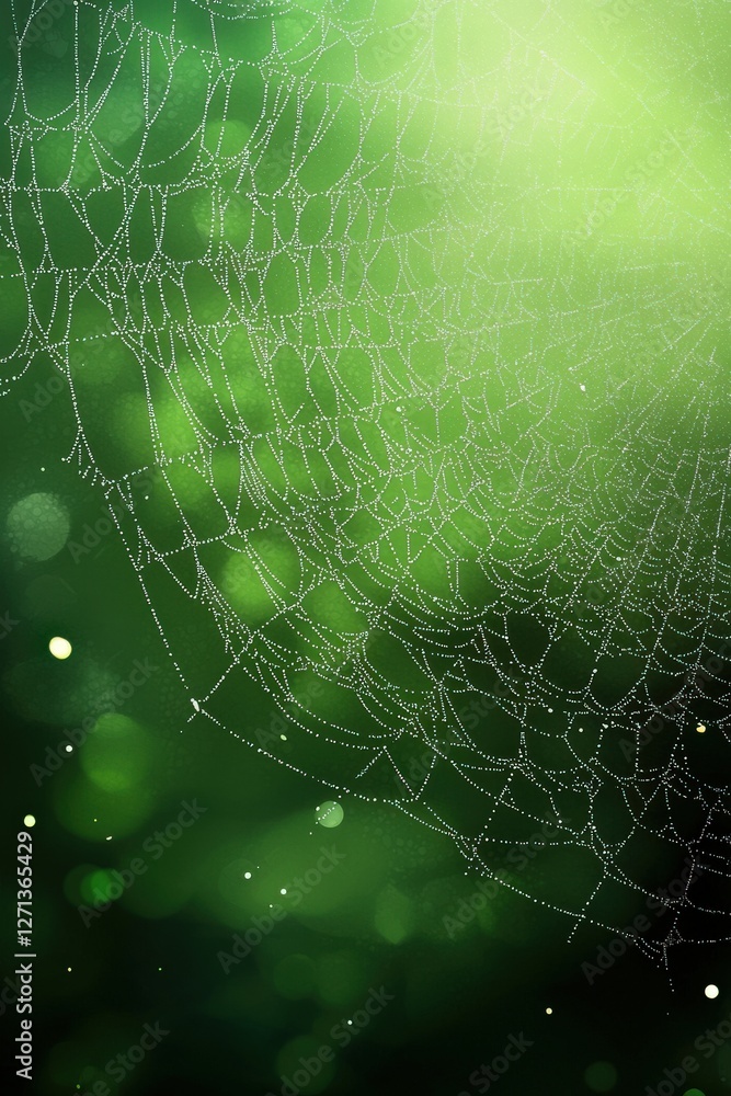 Poster a spider web is shown in a green background with a bright light shining on it. the web is intricate