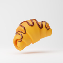 Falling croissant with chocolate isolated over white background. 3D rendering.