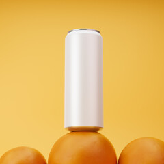 Aluminum soda can standing on oranges isolated over yellow background. Mockup template. 3d rendering.
