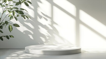 Fototapeta premium A white stage podium is thoughtfully placed in a serene setting. Sunlight filters through foliage, creating captivating patterns on the floor, enhancing the ambiance with tranquility and elegance