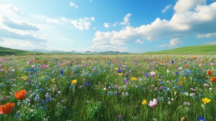 Obraz premium Beautiful spring landscape with colorful wildflowers in a green meadow on a blue day, generative AI