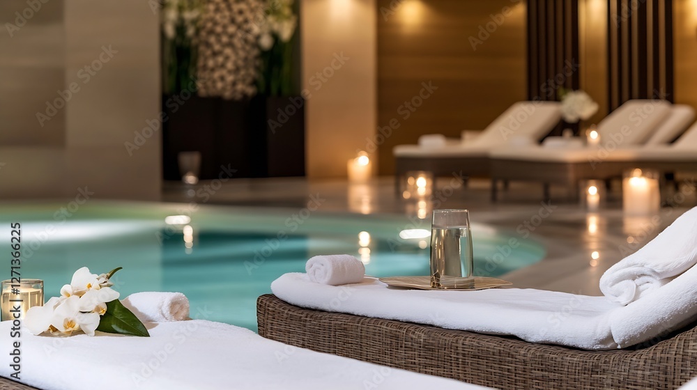 Poster tranquil luxury spa setting with poolside loungers and lit candles for relaxation : generative ai