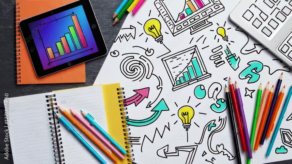 Aufkleber digital tablet, colored pencils, and notebook resting on office desk, highlighting business idea ske
