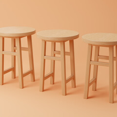 Wooden bar stools isolated over orange background. 3d rendering.