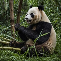 Fototapeta premium A panda peacefully munching bamboo in a serene bamboo forest. A young giant panda (Ailuropoda melanoleuca) in its natural habitat, located in Chengdu, Sichuan, China. panda eating bamboo