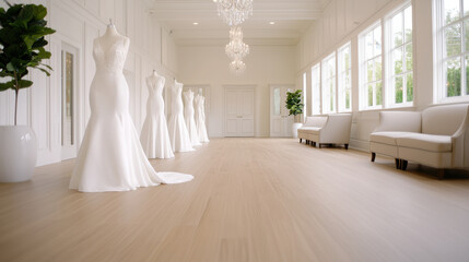 Elegant bridal boutique showcasing stunning wedding dresses and chandeliers