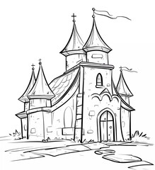 Black and white vector illustration of a simple cartoon-style castle, a coloring page for kids, with no shading and a black outline. The background is pure white. 