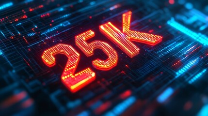 Glowing Digital 3D Number 25K on Futuristic Abstract Background Celebrating 25,000 Milestone