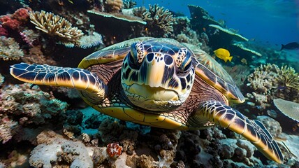 Graceful green sea turtle swimming in vibrant blue tropical ocean