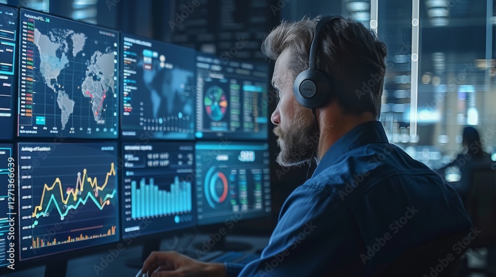 Aufkleber a focused data analyst wearing headphones analyzes various market trends on multiple screens display