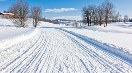 Obraz premium Snowy country road, winter landscape, sunny day, hills background, travel photography