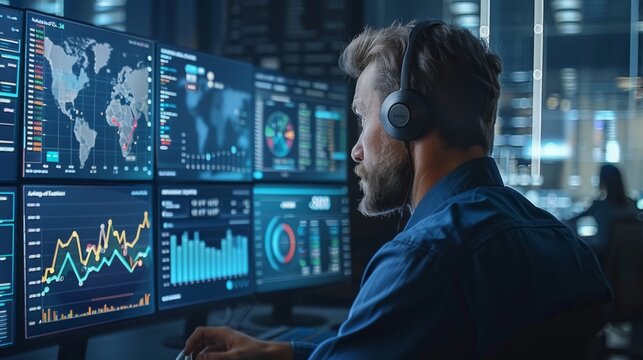 A focused data analyst wearing headphones analyzes various market trends on multiple screens displaying graphs, maps, and statistics in a contemporary office setting at night.
